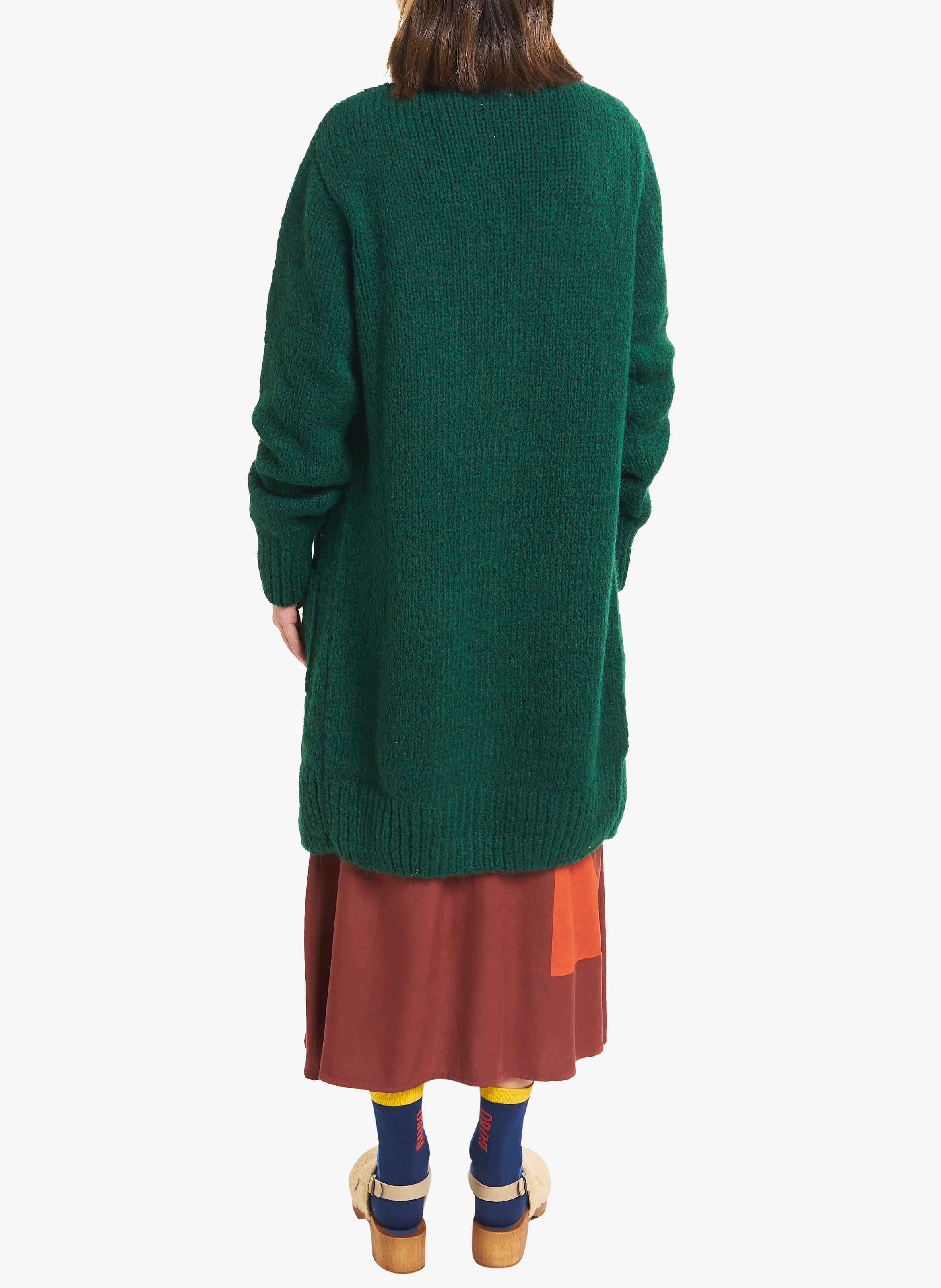 Long cardigan col V en maille texturée| Vert