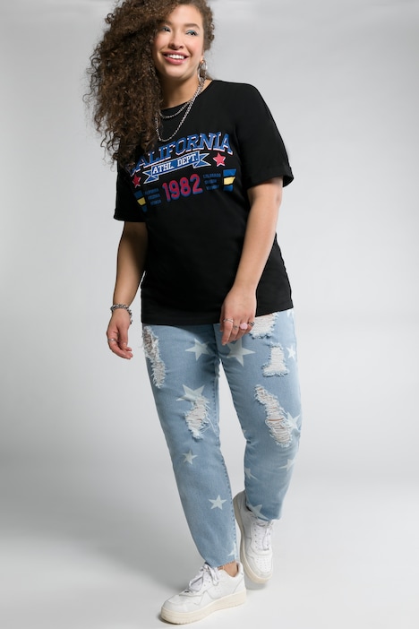 Mom Jeans, 5-Pocket, geschnittener Saum, destroyed, Sterne