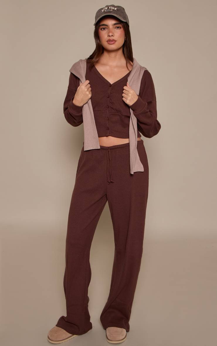 Marron Foncé Ensemble Pantalon Côtelé Souple À Taille Élastiquée