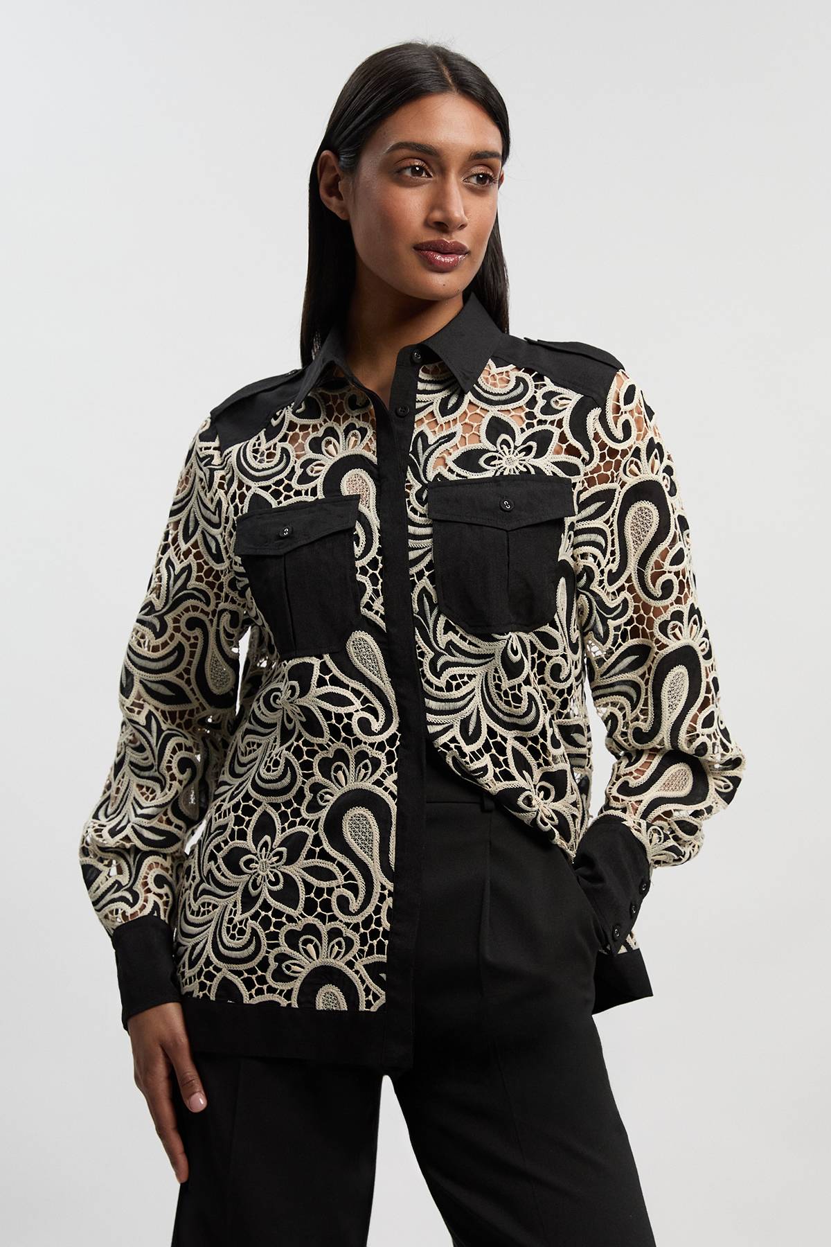 KarenMillen Chemise Tissée à Poche Avant Broderie Anglaise Monochrome
