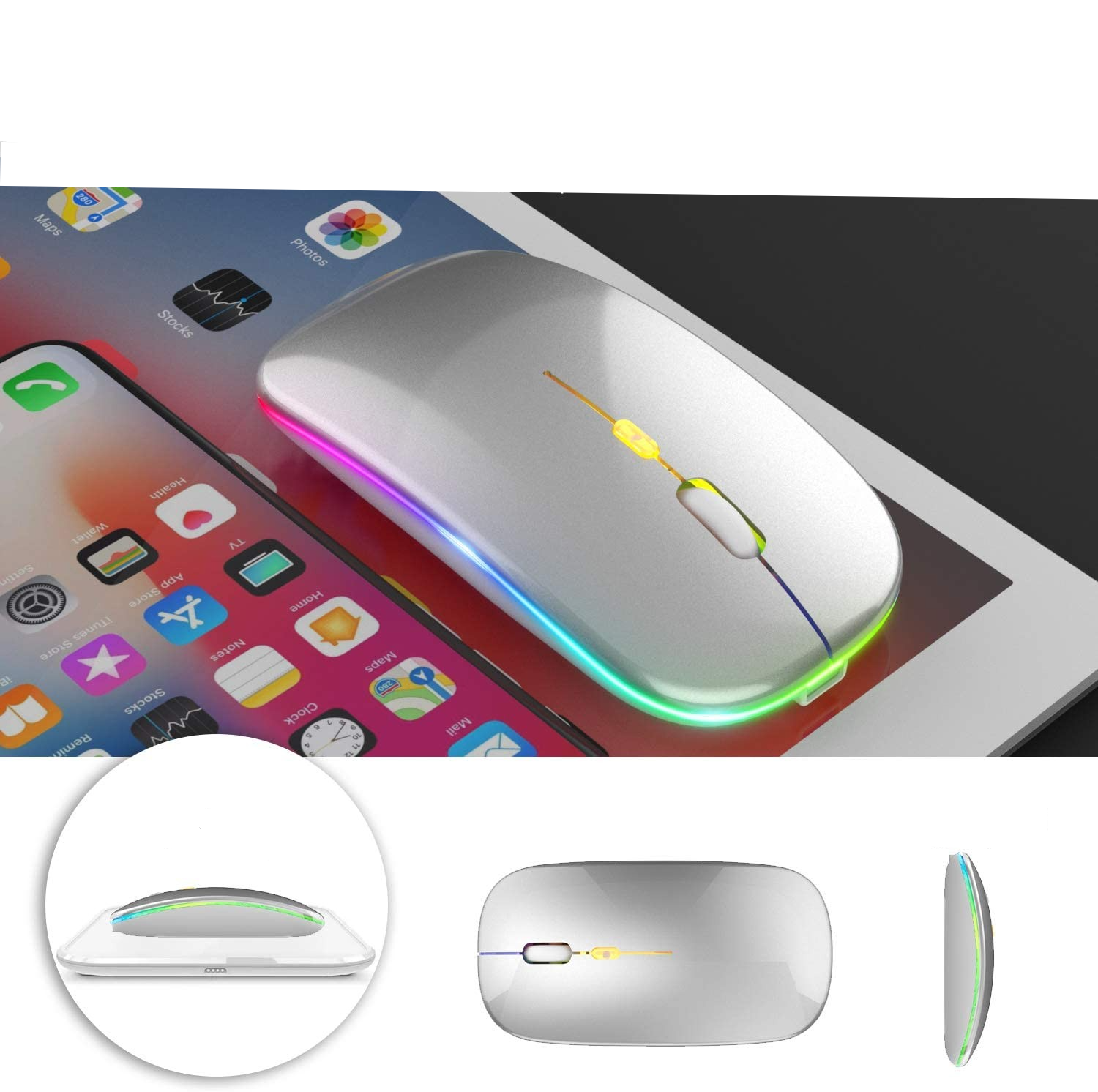 2.4GHz Optische Wireless Funk Maus 1200 DPI mit LED Beleuchtung mit 500mAh Akku   USB C Adapter - Silber