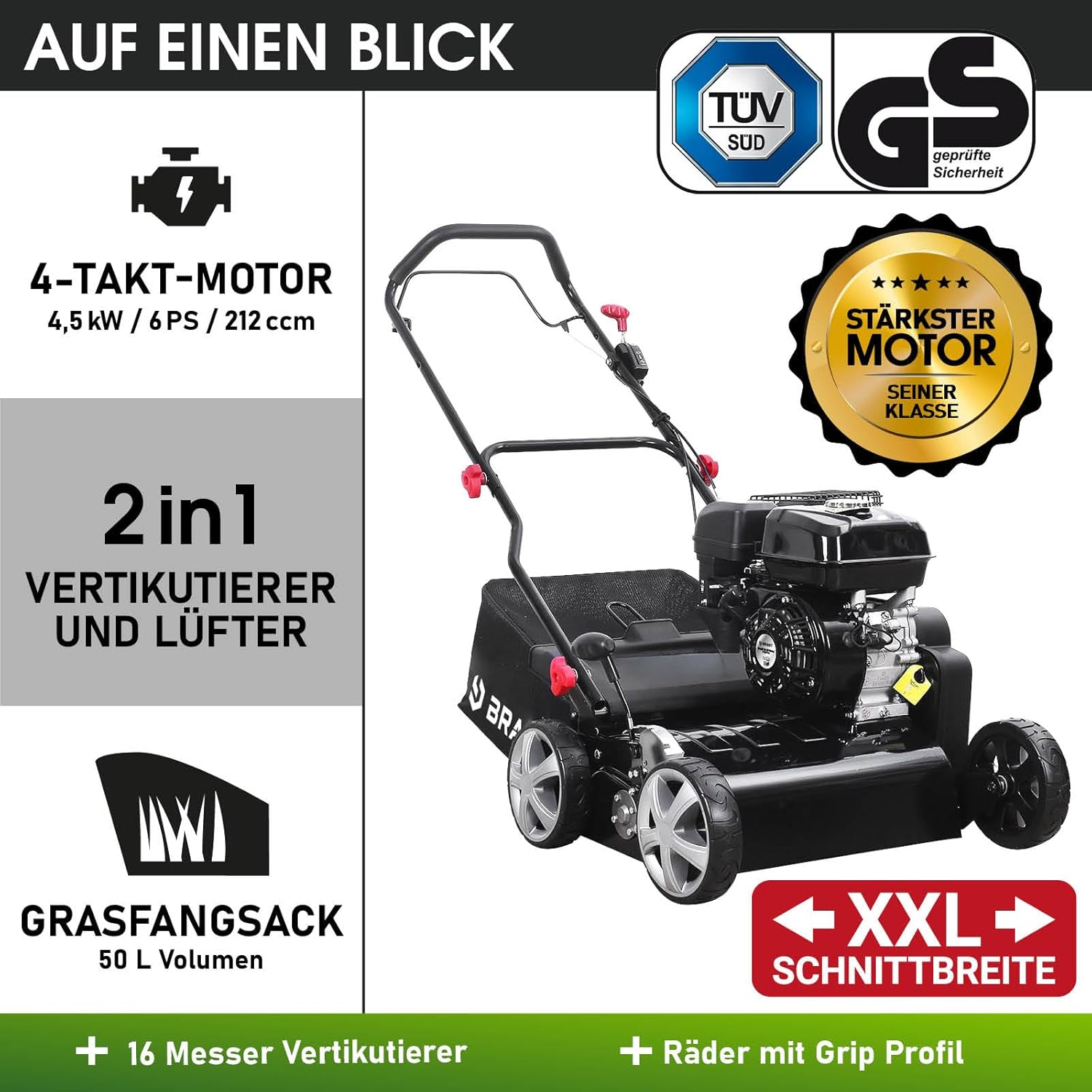 BRAST Benzin Vertikutierer 4,5kW (6,12PS) | 4-Takt Motor 212ccm | 40-45cm Arbeitsbreite | TÜV geprüft | 50L Fangkorb | viele Modelle für kleine bis sehr große Rasenflächen | BRB-RV-45212
