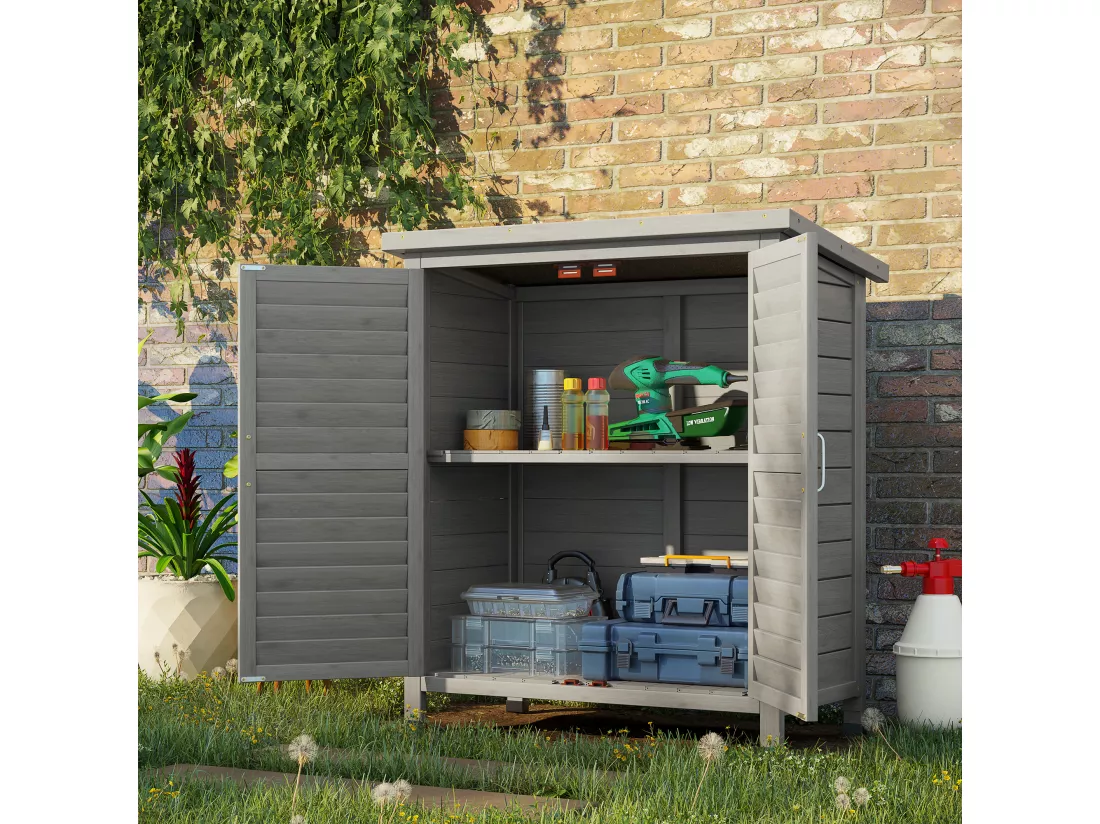 Armoire de jardin abri jardin remise pour outils sur pied dim. 87L x 46l x 96H cm étagère portes persiennes toit bitumé bois sapin autoclave gris