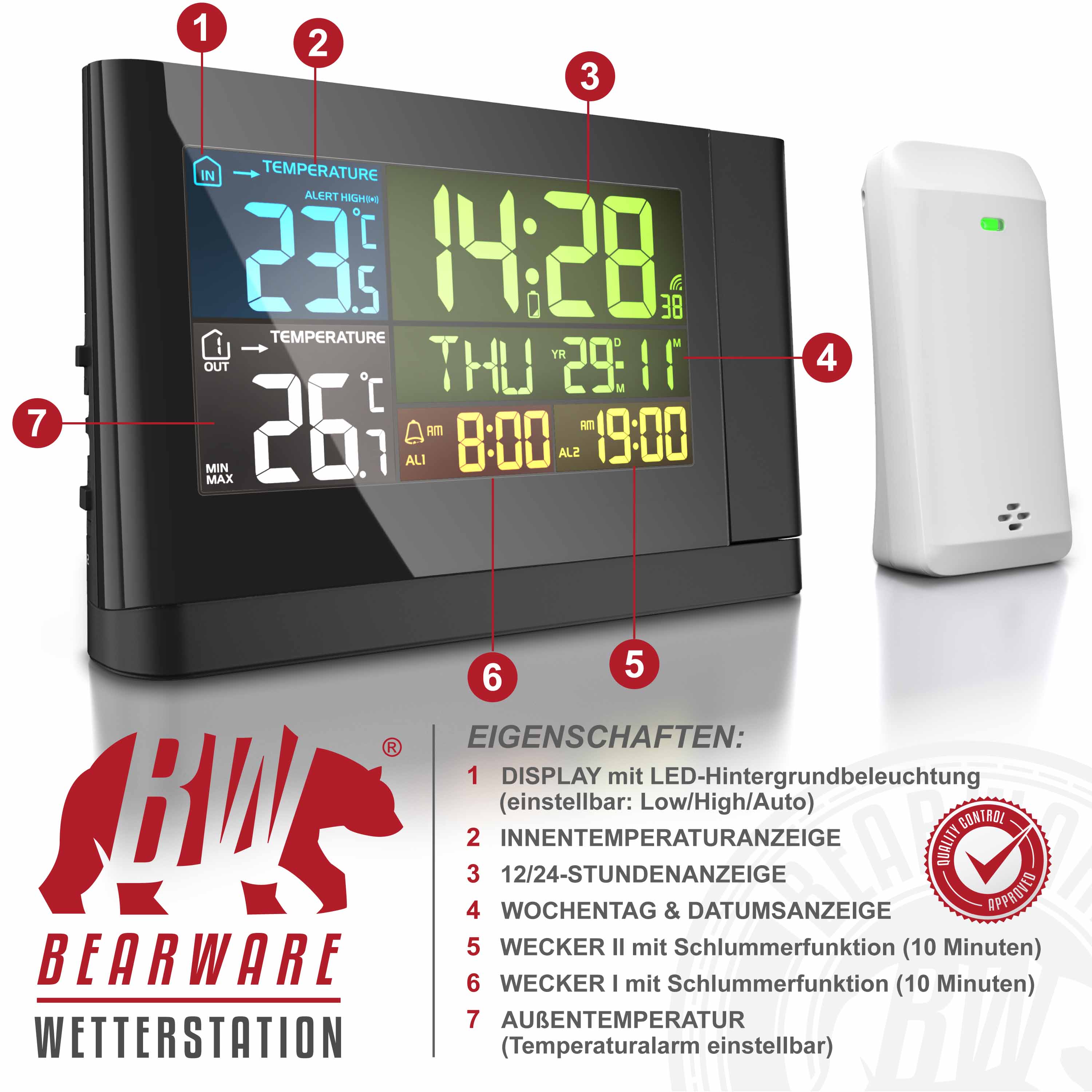 BEARWARE Wetterstation mit Außensensor, Funkwetterstation mit Projektion (um 180° drehbar) & Farbdisplay