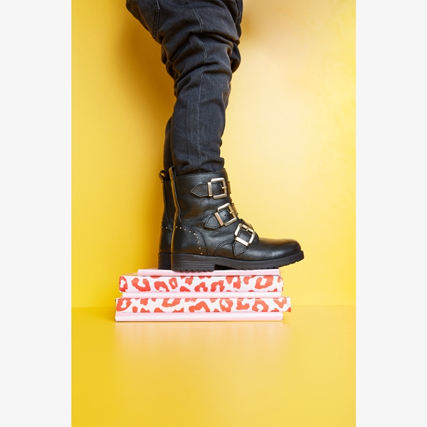 Groot leren meisjes biker boots zwart