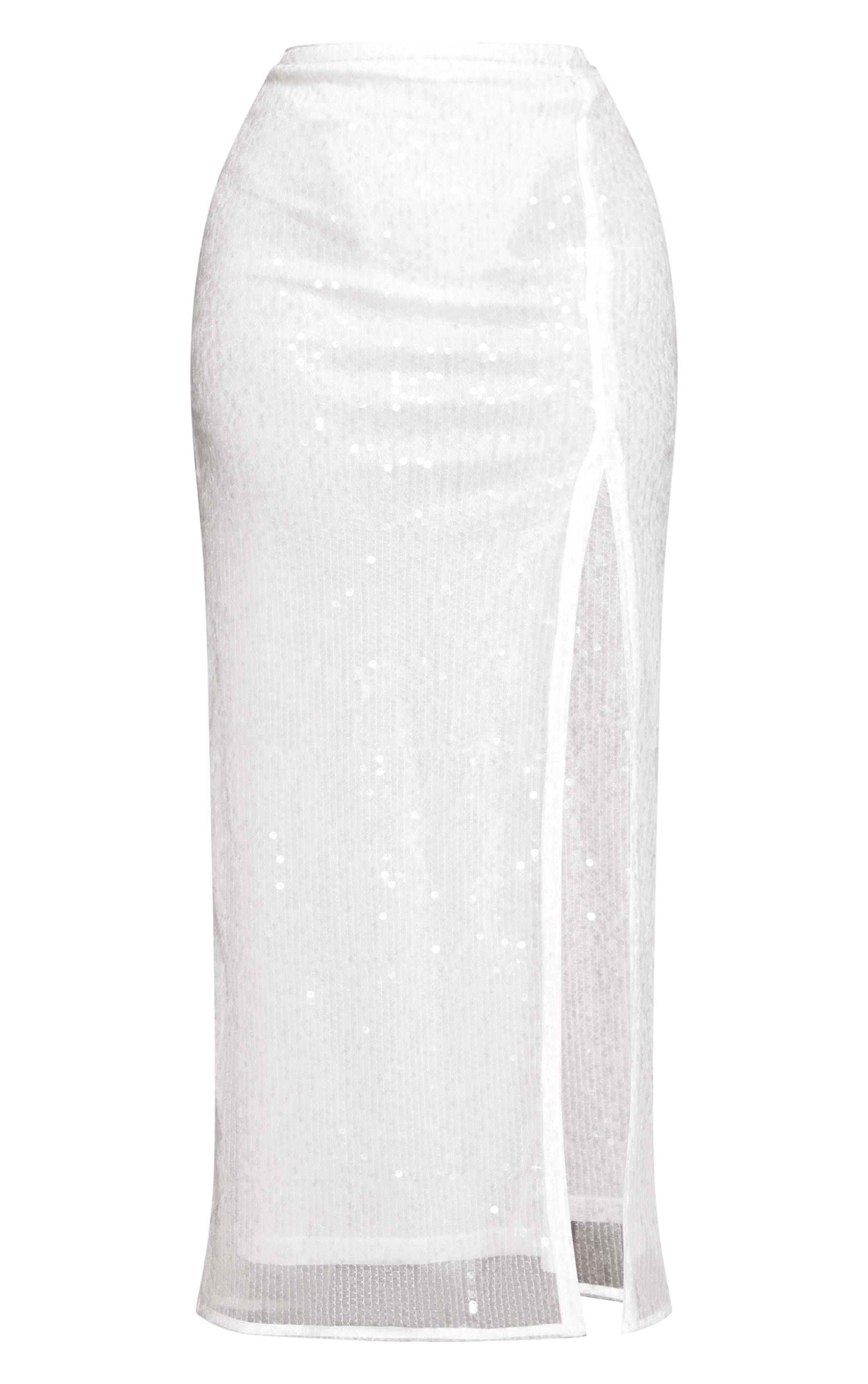 Blanc Jupe Longue Fendue À Sequins Drapés Petite Taille