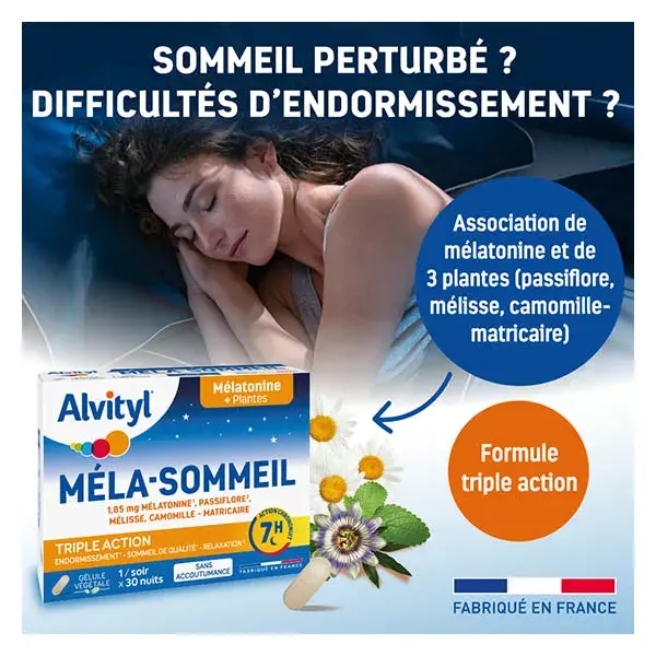 Alvityl Mela-Sleep Melatonina + 3 plantas + vitamina B6, para maiores de 18 anos, 30 cápsulas