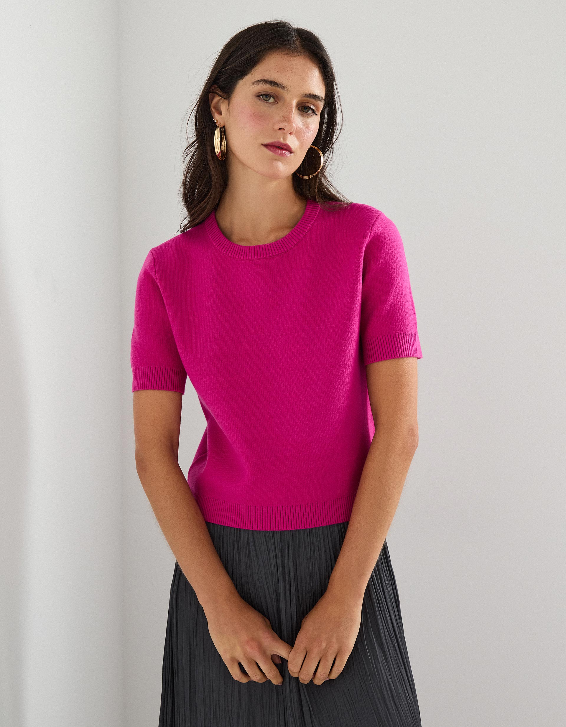 T-shirt de Malha, Mulher, Rosa Escuro