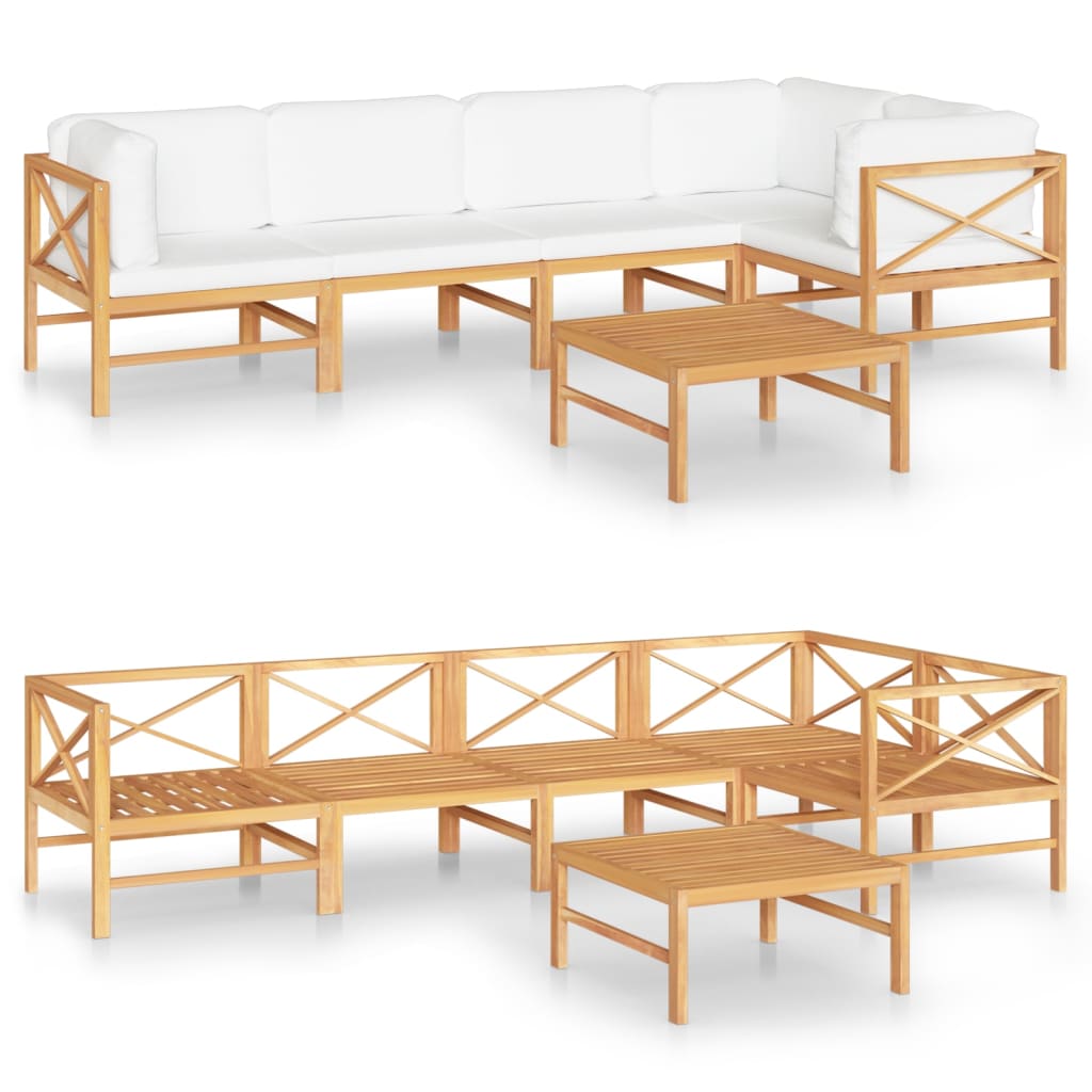 Salon de jardin meuble d'extérieur ensemble de mobilier 6 pièces avec coussins crème bois de teck solide