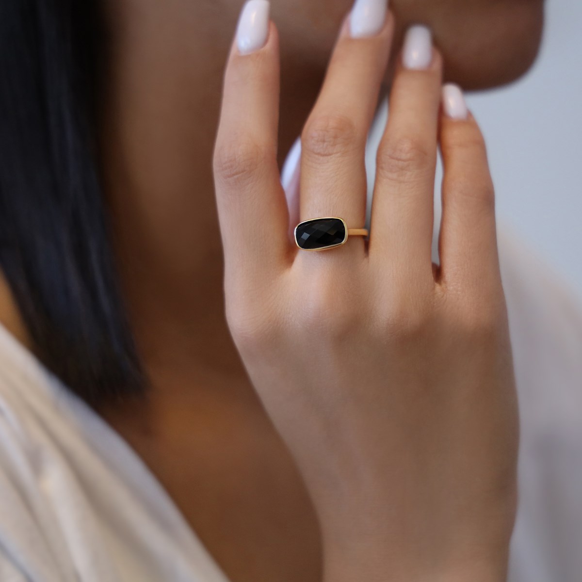 Bague Argent Doré Petit Galet Noir