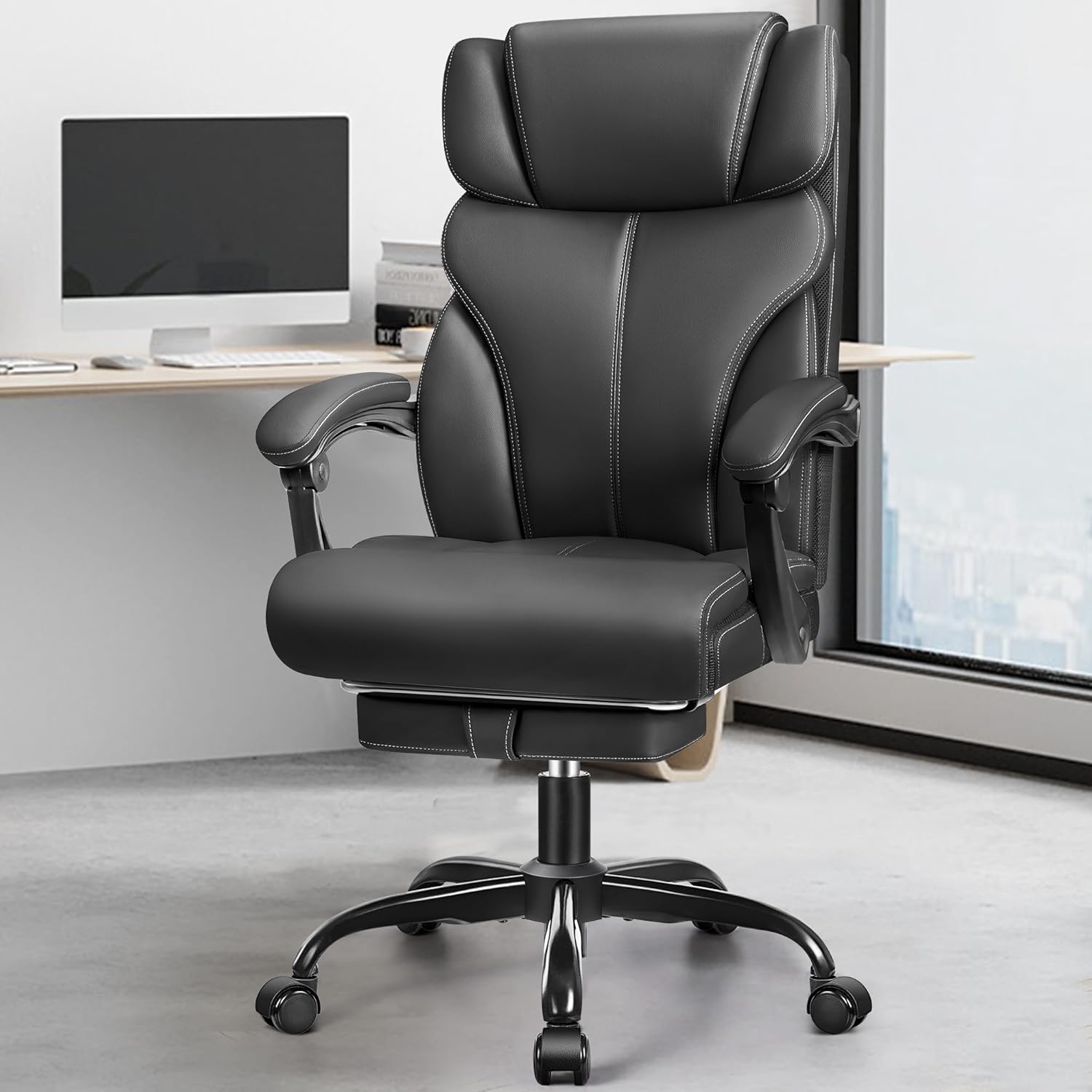 FelixKing Bürostuhl, Leder Chefsessel Ergonomischer, komfortabler drehbarer Bürostuhl mit Verstellbarer hoher Rückenlehne, geeignet für Heimspiele(Matte Black)
