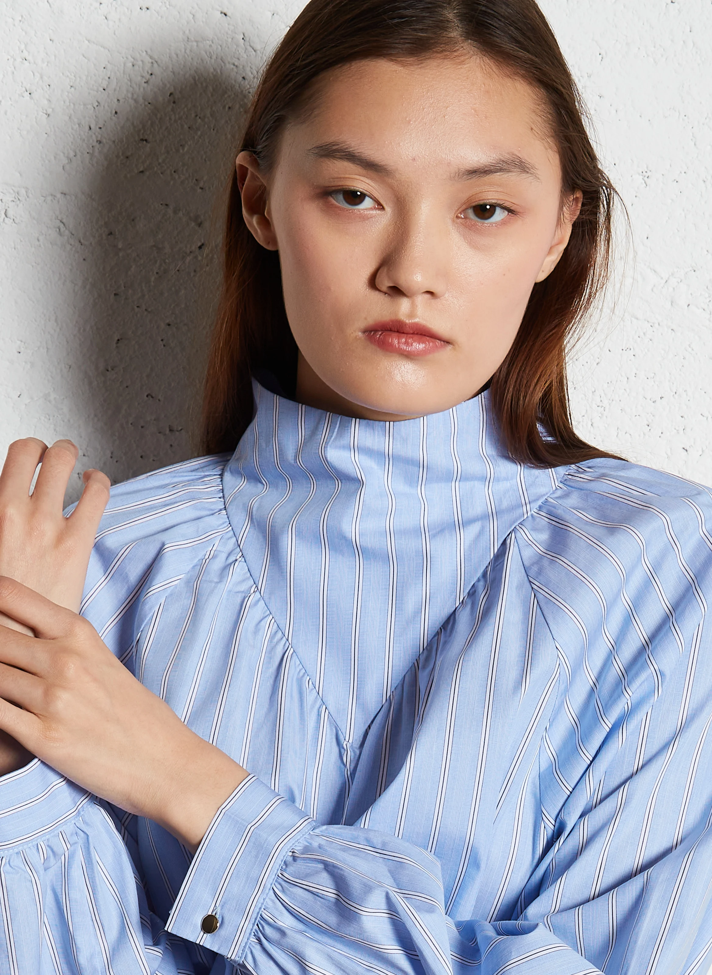 CURTIS - Blouse ample col montant en coton | Bleu