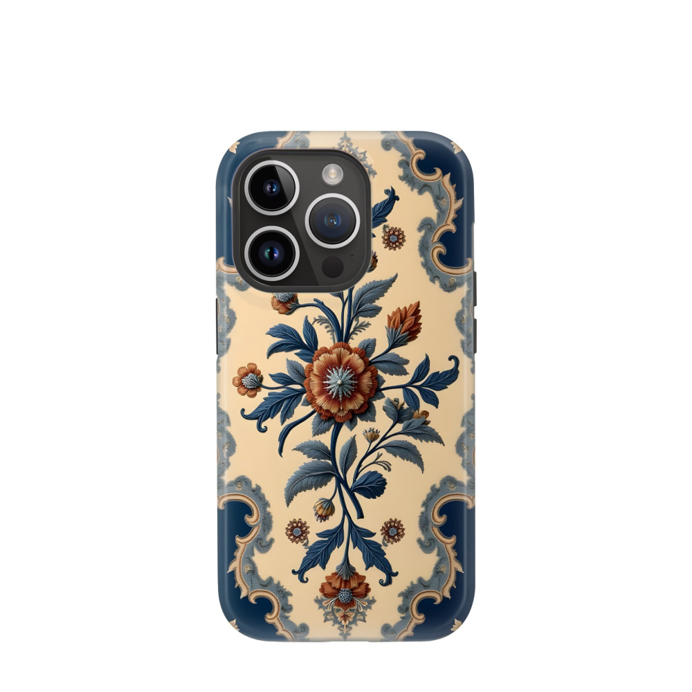 iPhone 14 Pro Hybrid (Kunststoff / Gummi) Hülle Barocker Blütenzauber - Blau
