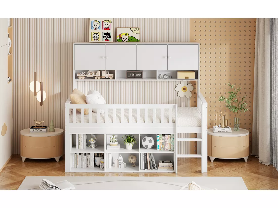 Lit mezzanine 90 x 200 cm avec 2 casiers de rangement et échelle - bois MDF - blanc