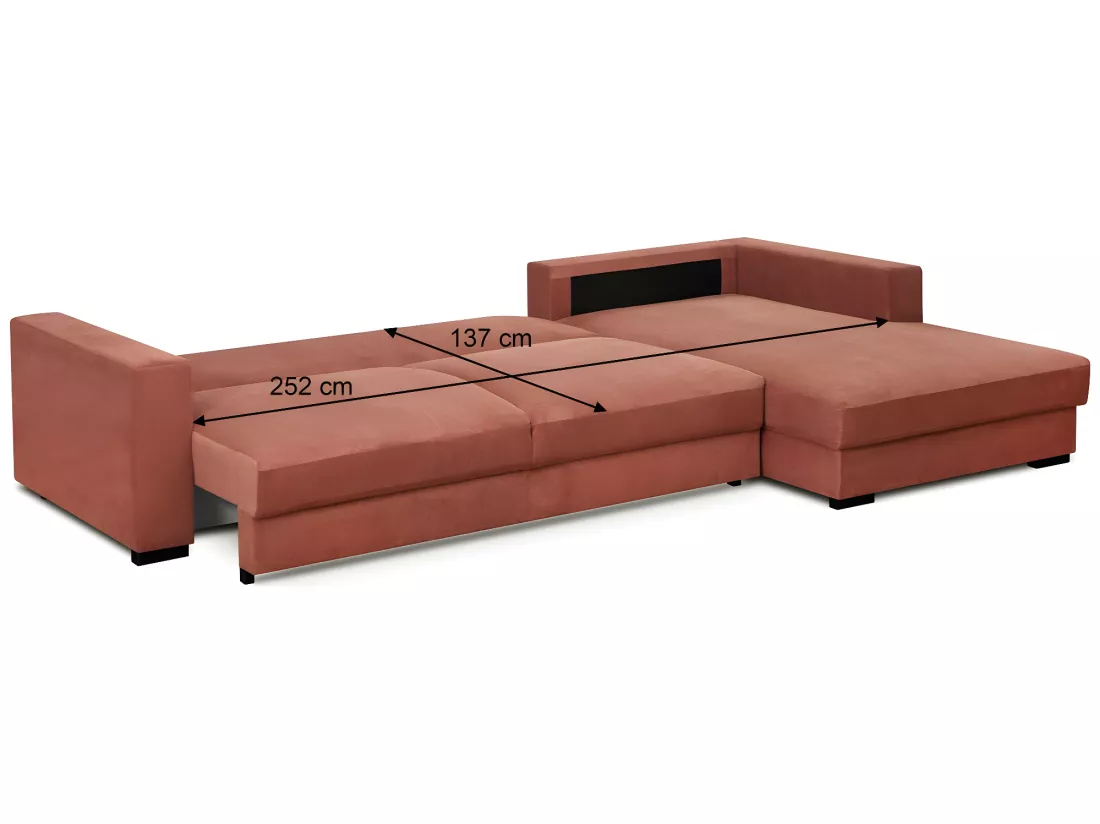 Canapé d'angle à droite convertible 5 places en velours côtelé terracotta avec coffre de rangement - Robin