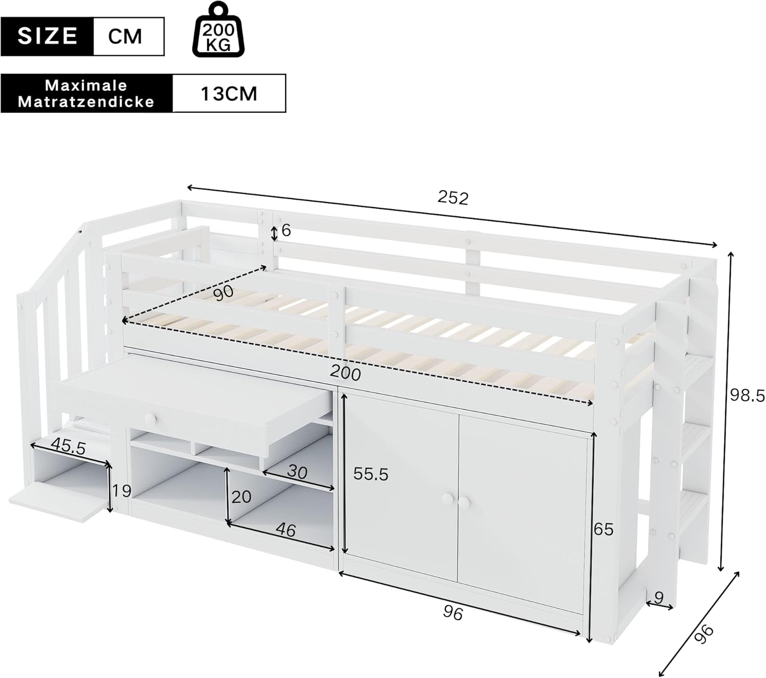 Kinderbett 90x200 Einzelbett, Hochbett mit Stauschrank, Schreibtisch und Treppe, Regal & Schubladen & Schließfach, Holzbett Stauraumbett Funktionsbett Jugendhochbett mit Lattenrost,Ohne Matratze,Weiß