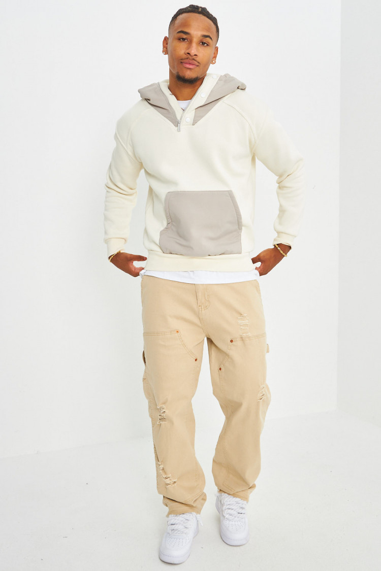 Sweat bicolor beige et gris à capuche