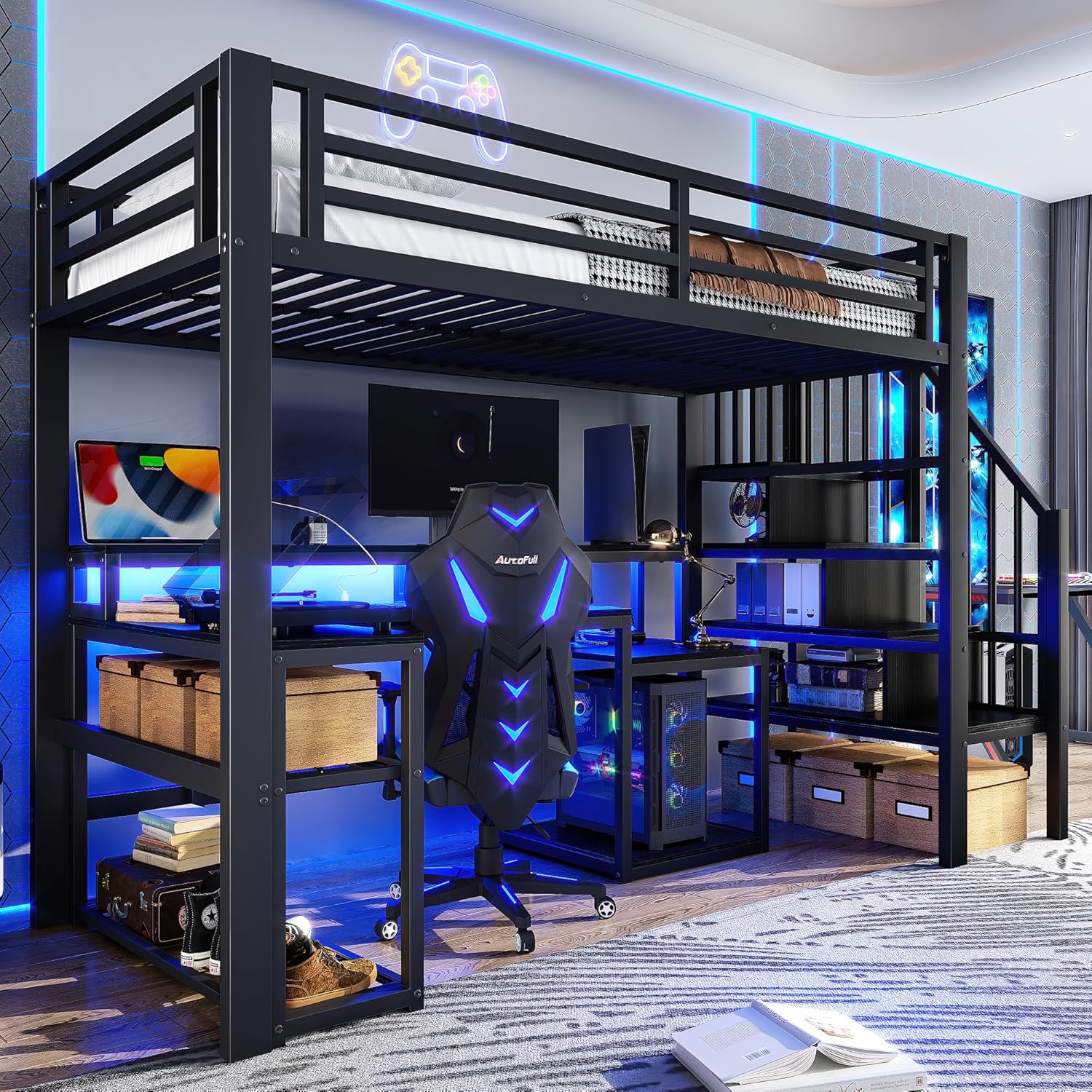 Kinderbett Hochbett 90x200 cm,Metallbett mit LED-Lichtleiste und USB-Anschluss,mit Treppe und Rausfallschutz,Treppenkonstruktionen mit Stauraum,Jugendbett,Spielbett,ohne Matratze (Schwarz, 90×200cm)