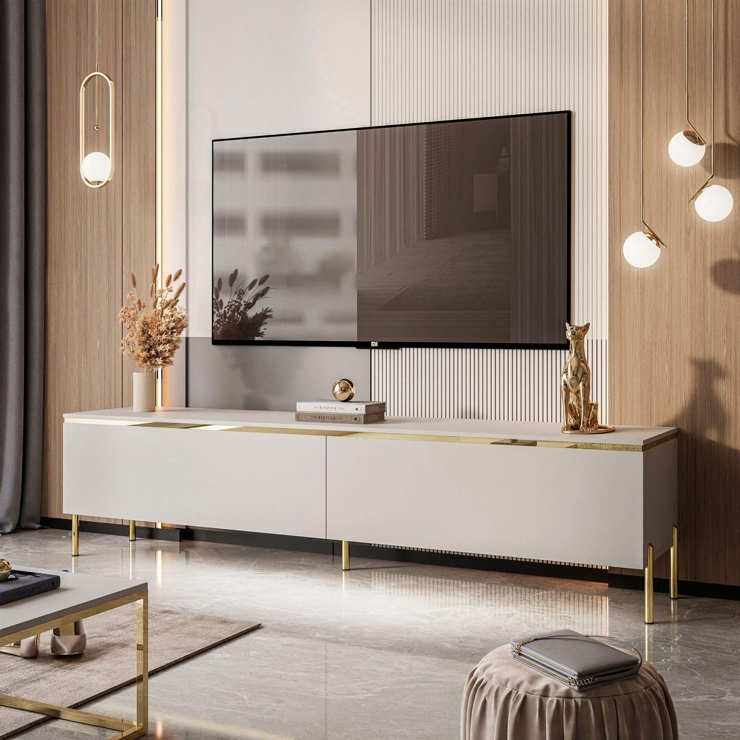 Lookway TV-Schrank Aurora Kaschmir Matt 180 cm Hängeschrank Oder Auf Füßen Gold Dekorative Leiste Mit LED-Option Modernes Wohnzimmermöbel (mit LED Beleuchtung, Stehend-gerade Gold Chrom Beine)