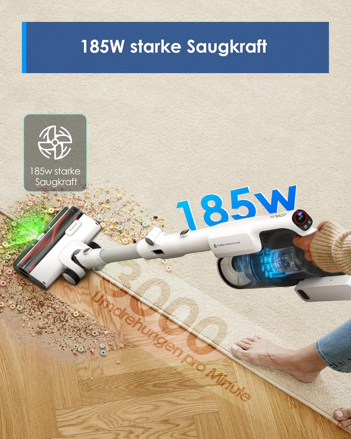 Tineco Pure ONE A50S Plus Kabelloser Akku Stabstaubsauger, Flex Akkusauger 70 Min., 3DSense Power Bürste, PureCyclone Technol. 1L Staubbehälter, 185W Saugleistung für groben Schmuze & Tierhaare