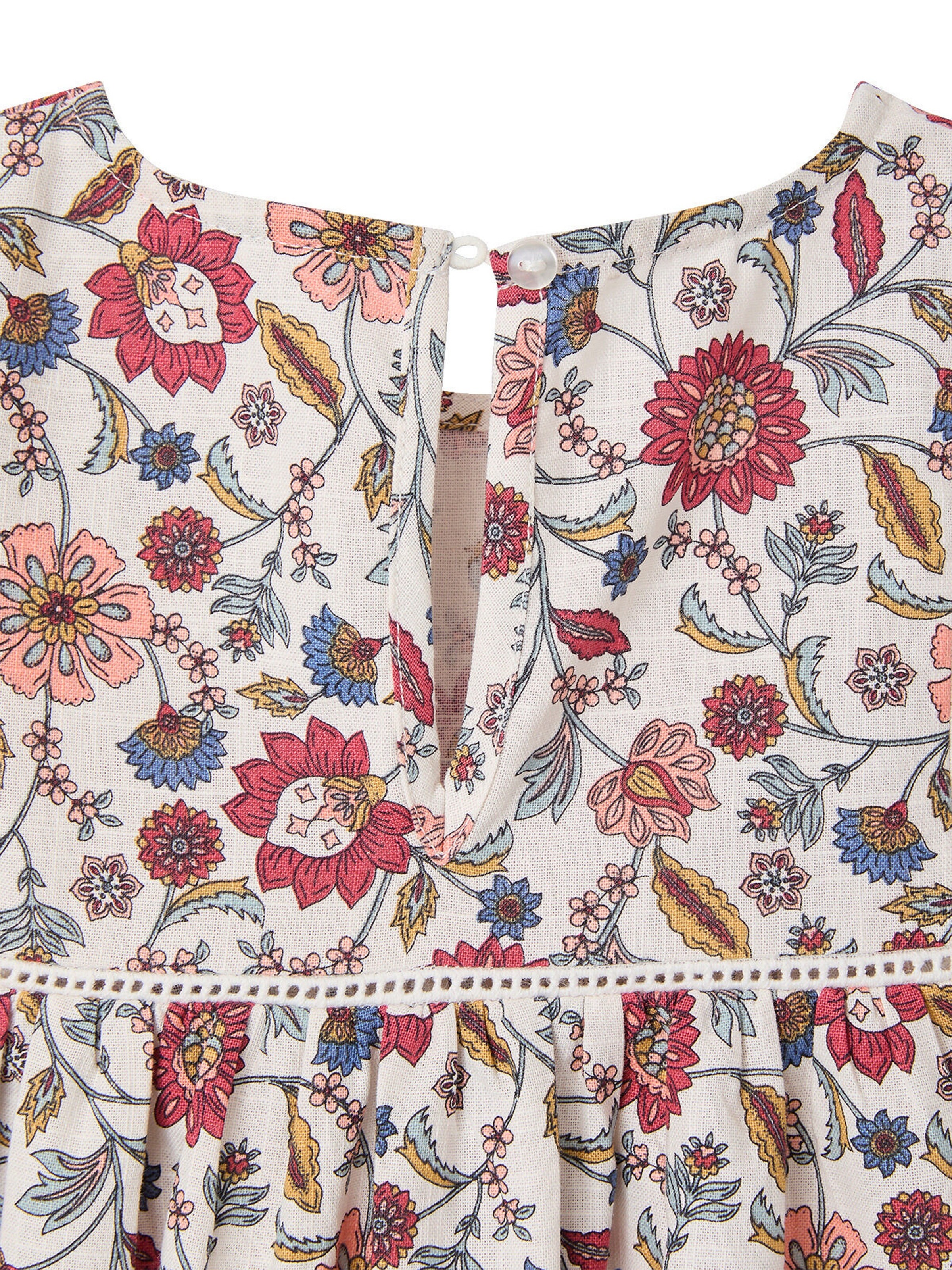 Vertbaudet Geblümtes Mädchen Kleid mit Volants und Makramee wollweiß