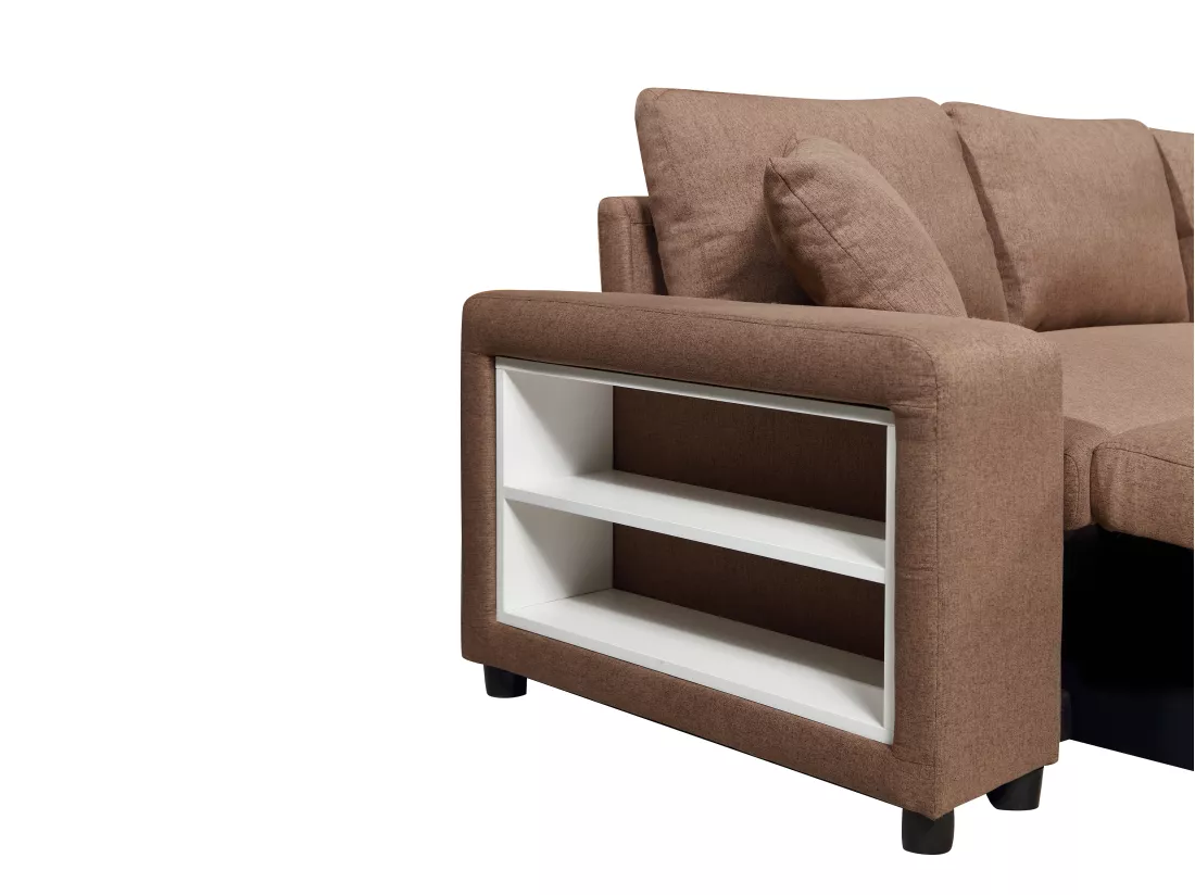 Canapé d'angle convertible et réversible en tissu avec coffre de rangement et poufs marron SELIM