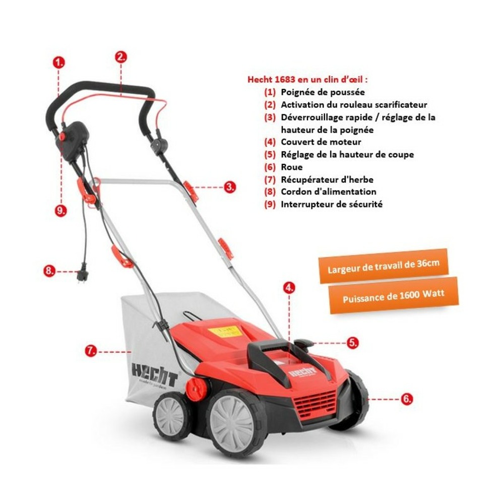 H 1683 scarificateur aérateur électrique 2en1 1600w 8 couteaux doubles 24griffres avec profondeur réglable