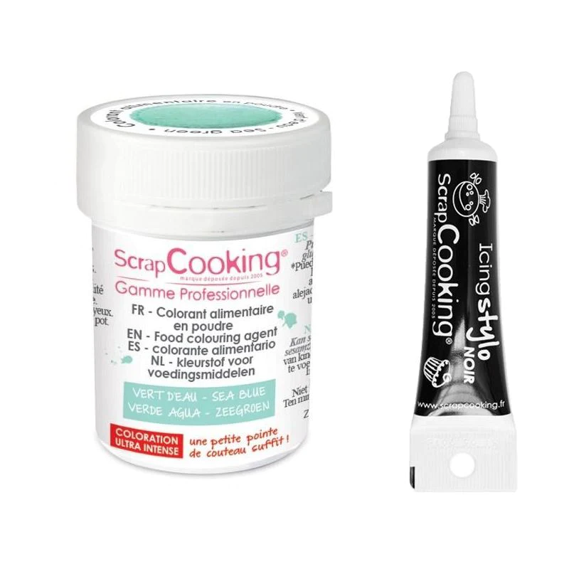 Colorant alimentaire en poudre vert d'eau + Stylo glaçage noir Scrapco