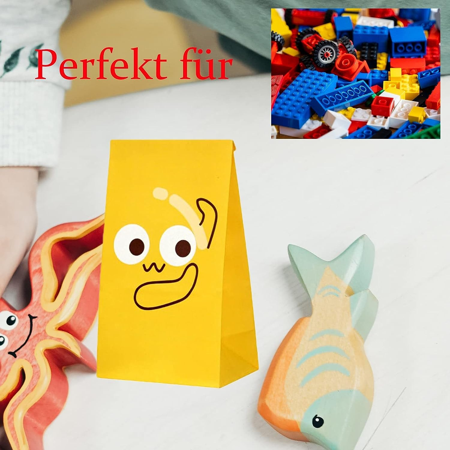 (48-tlg. Set) 12x22.5cm Kraftpapier Tüten Kinder Geschenktasche Candy Gift Bags Papiertüten inkl. Sticker - Emoji