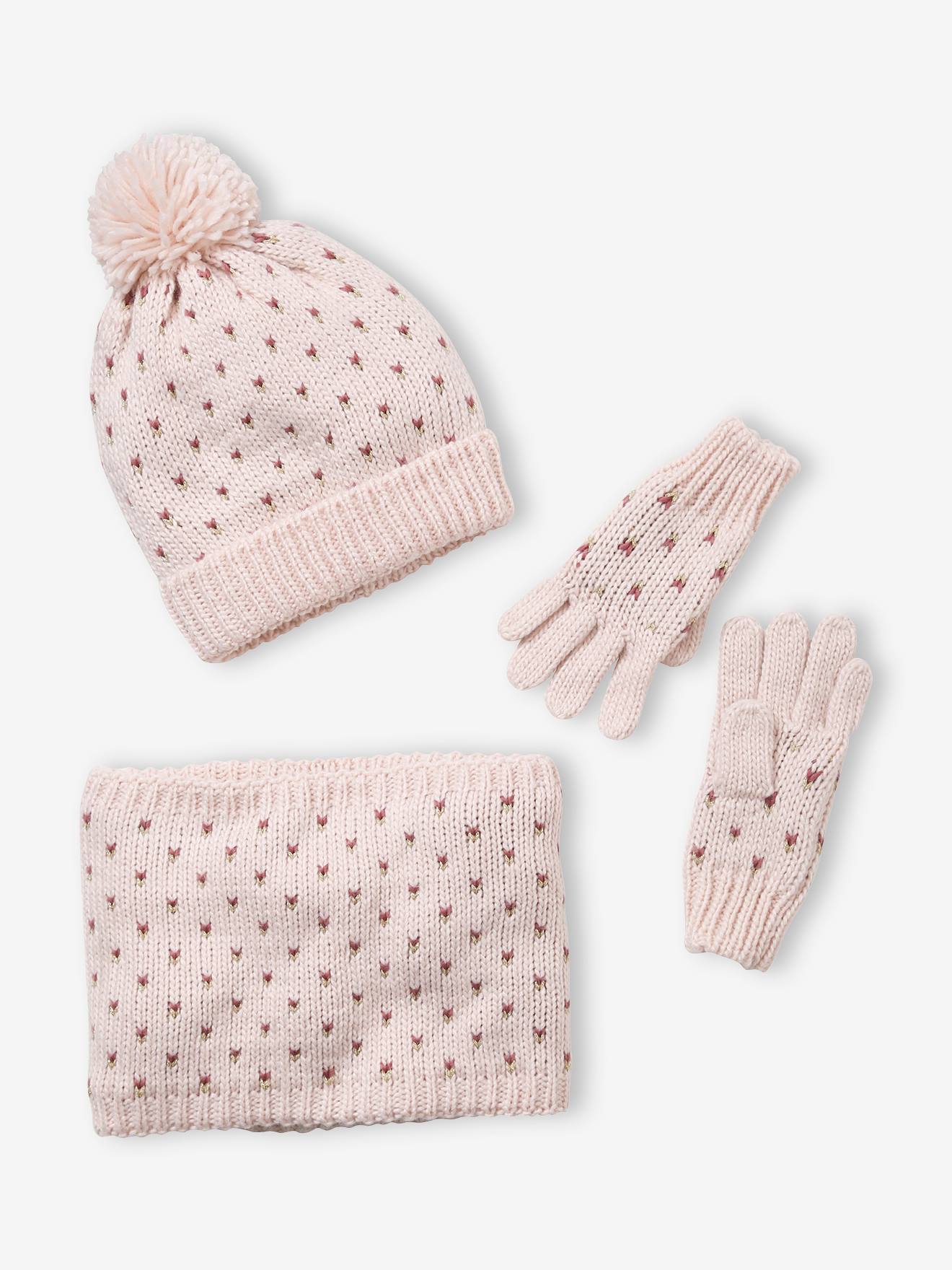 Conjunto de gorro, cachecol e luvas com estampa de corações em azul escuro, para meninas.