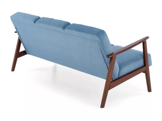 Canapé rétro 3 places en tissu bleu et pied en bois Franky
