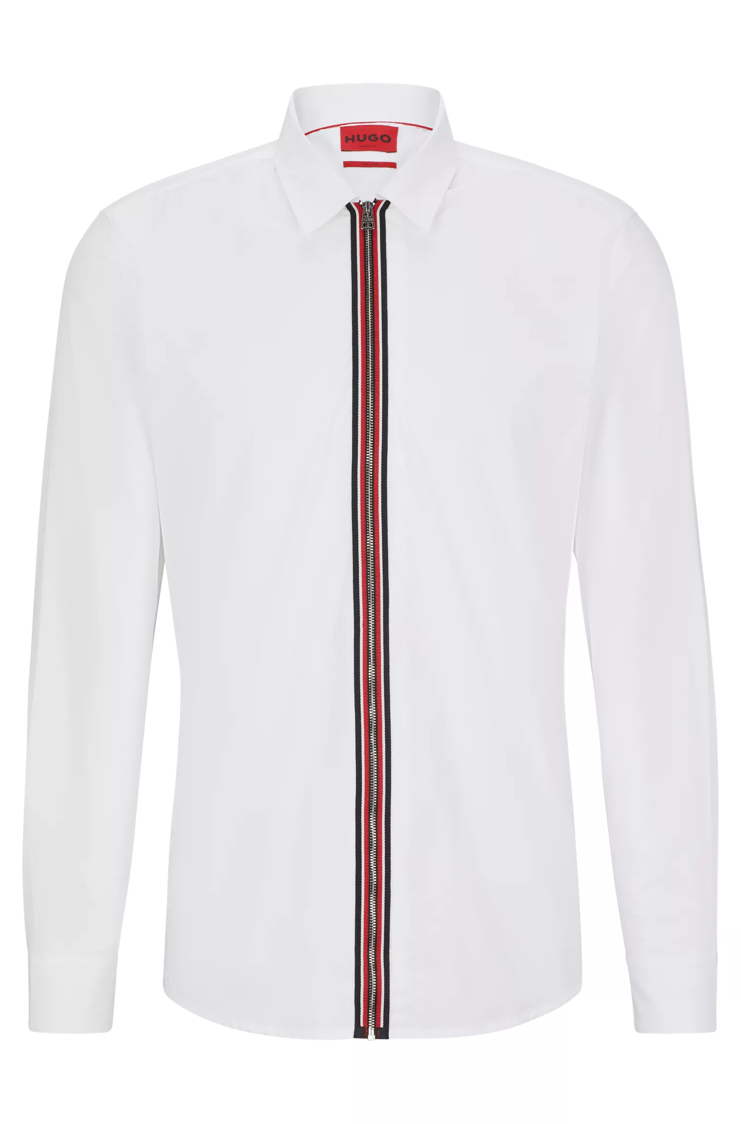 Camisa HUGO vermelha, moderna, de algodão, fácil de passar e com fecho de zíper.