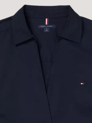 Vestido camisa na altura do joelho com estampa de listras e logo adaptável
