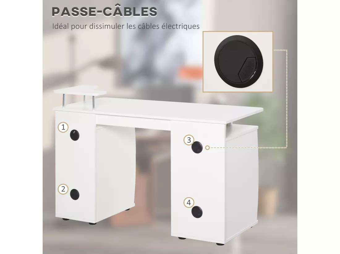 Bureau informatique multimédia multi-rangements 120L x 55l x 85H cm panneaux particules blanc
