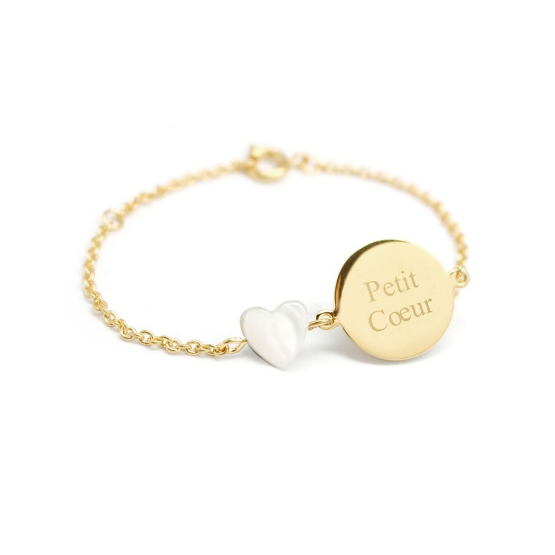 Bracelet chaine médaille nacre coeur plaqué or enfant - gravure PETIT COEUR