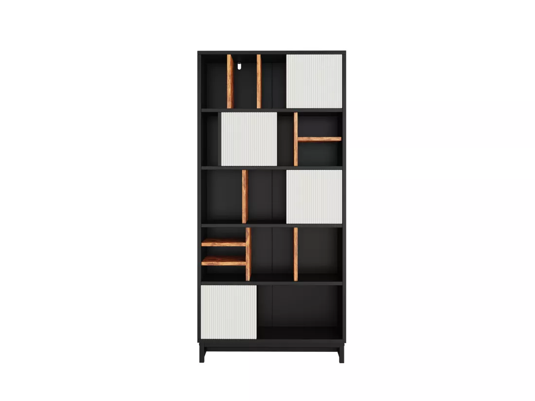 Bibliothèque avec 4 portes et 5 étagères - 80 x 35 x 165 cm - Bois MDF - Noir et blanc