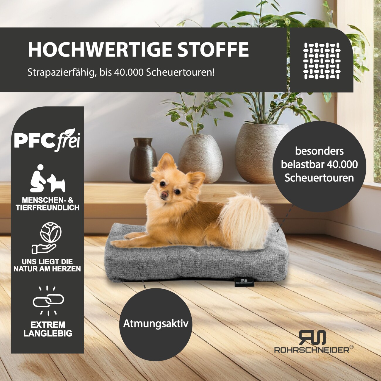 Rohrschneider ® Hundebett mit Anti-Rutsch-Boden, strapazierfähiges Kissen für Hunde und Katzen, B47 x T30 x H7 cm, inkl. Gratis-Wassernapf