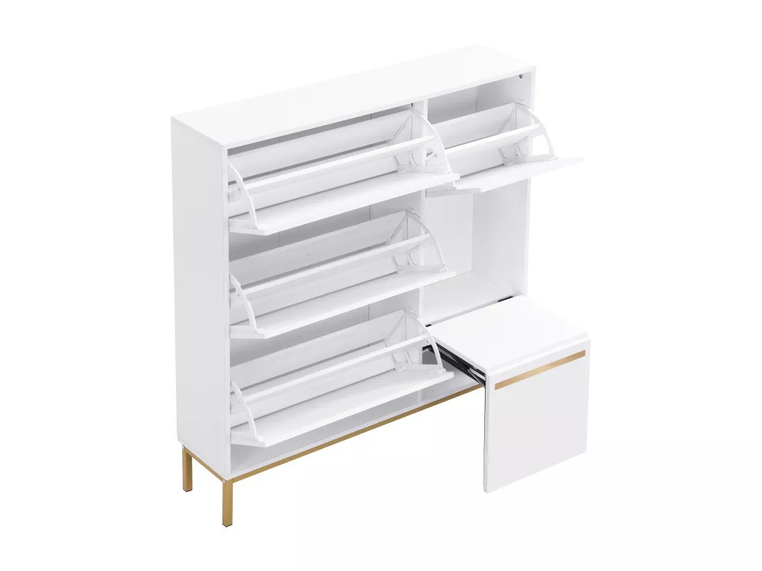 Meuble à chaussures avec banc pliable - 3 portes abattantes - Blanc & Doré