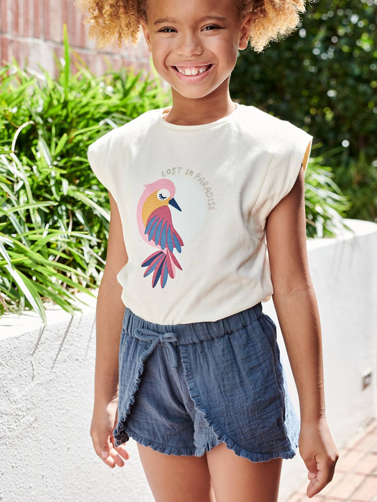 Shorts de chiffon de algodão com babados para meninas, cor tinta.
