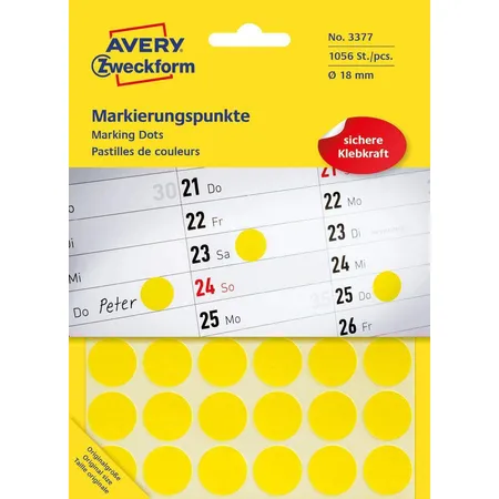 Avery Zweckform 3377 Markierungspunkte Ø 18 mm, 22 Bogen/1.056 Etiketten, gelb
