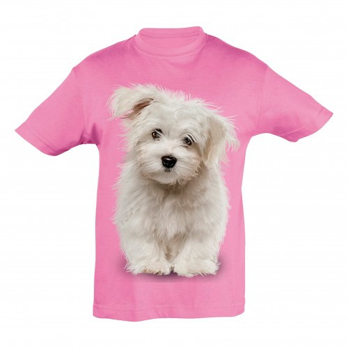 Camiseta infantil rosa com estampa de Bichon Maltês.