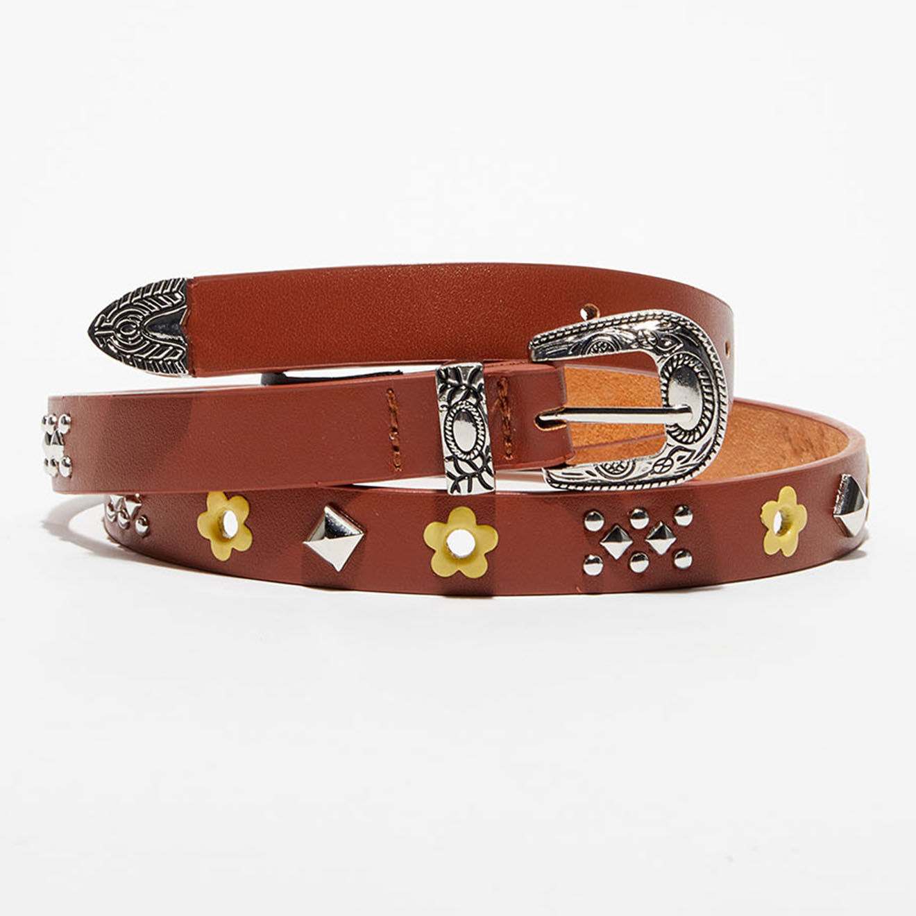Wild Ceinture fine en Cuir à clous marron