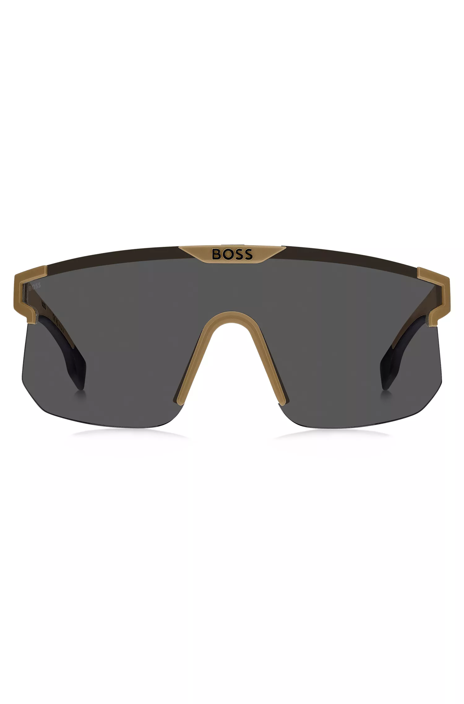 Óculos de sol BOSS Black-Camel estilo máscara com hastes e ponte personalizadas.