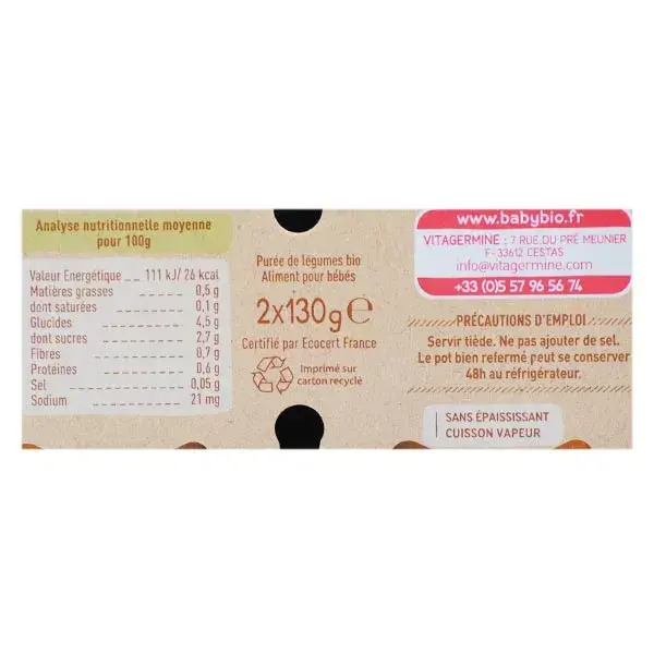 Babybio Vegetais Orgânicos de Cenoura e Abóbora em Vaso +4m 2 x 130g