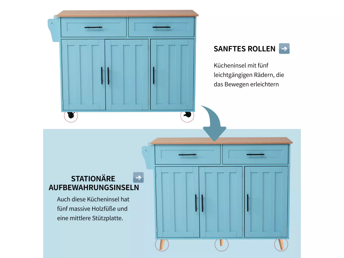 Ilot central de cuisine mobile avec 3 portes et 2 tiroirs - plateau extensible - 129x46/71x91,5 cm - Bois MDF + métal - Bleu