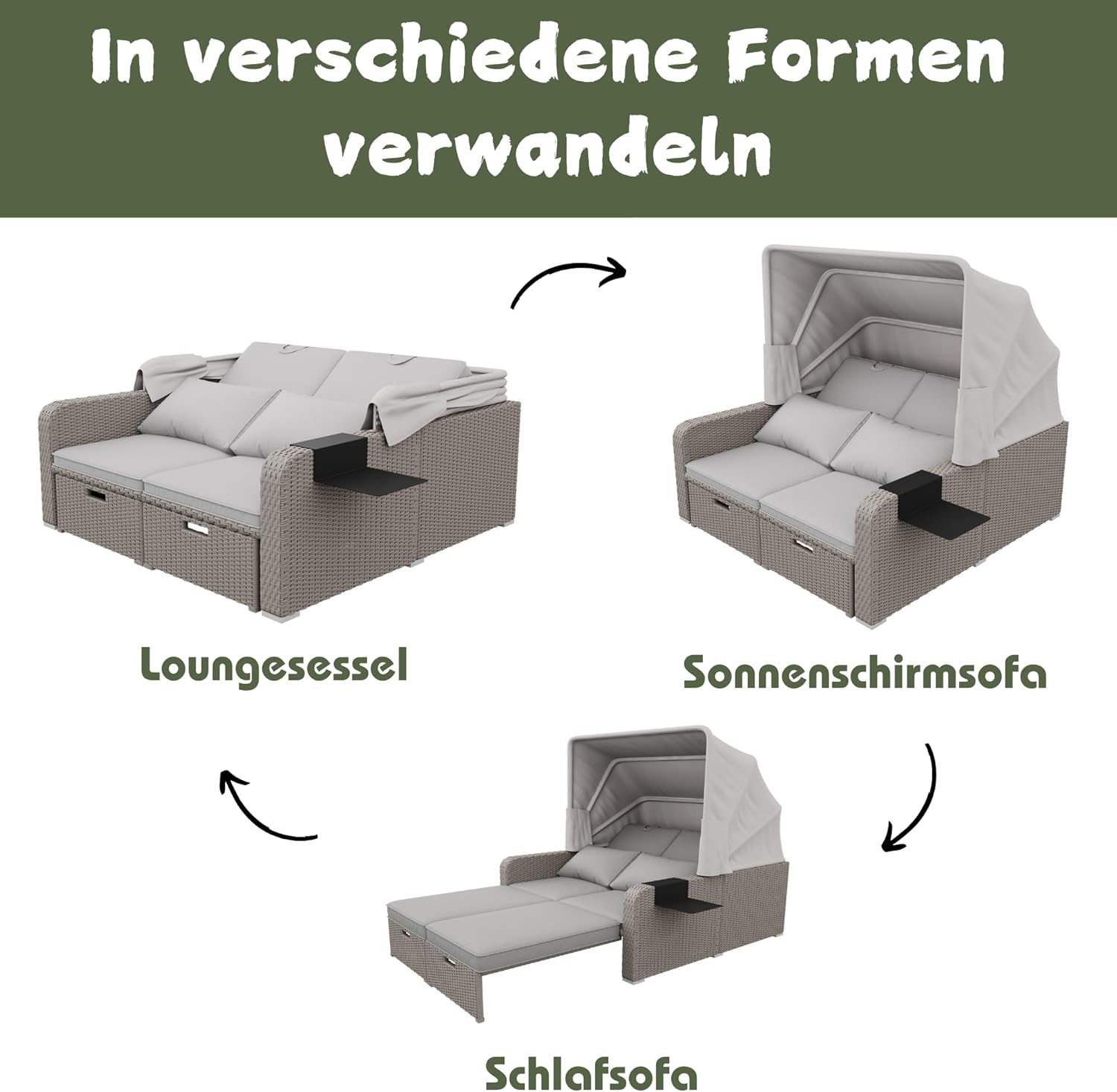 Polyrattan Gartenmöbel für 2 Personen, Gartensofa, Loungesofa, Abnehmbare Markise,Polyrattan und Schwamm,Grau,Khaki (Khaki)