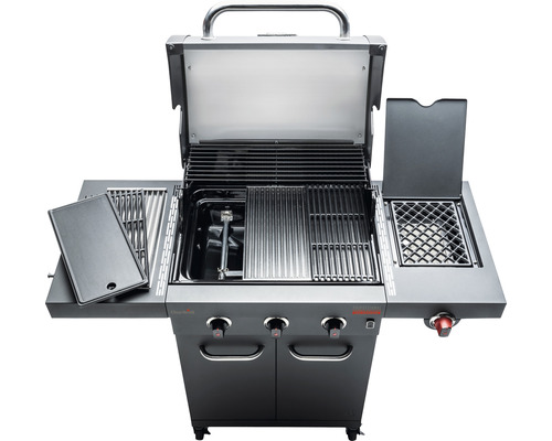 Char-Broil Professional Power Edition gasbarbecue met 3 branders, matzwart, inclusief opbergplank, dekselthermometer, geëmailleerde gietijzeren planchaplaat, vetopvangbak, grillrooster, uitklapbare zijtafel, zijplank, warmhoudrek.