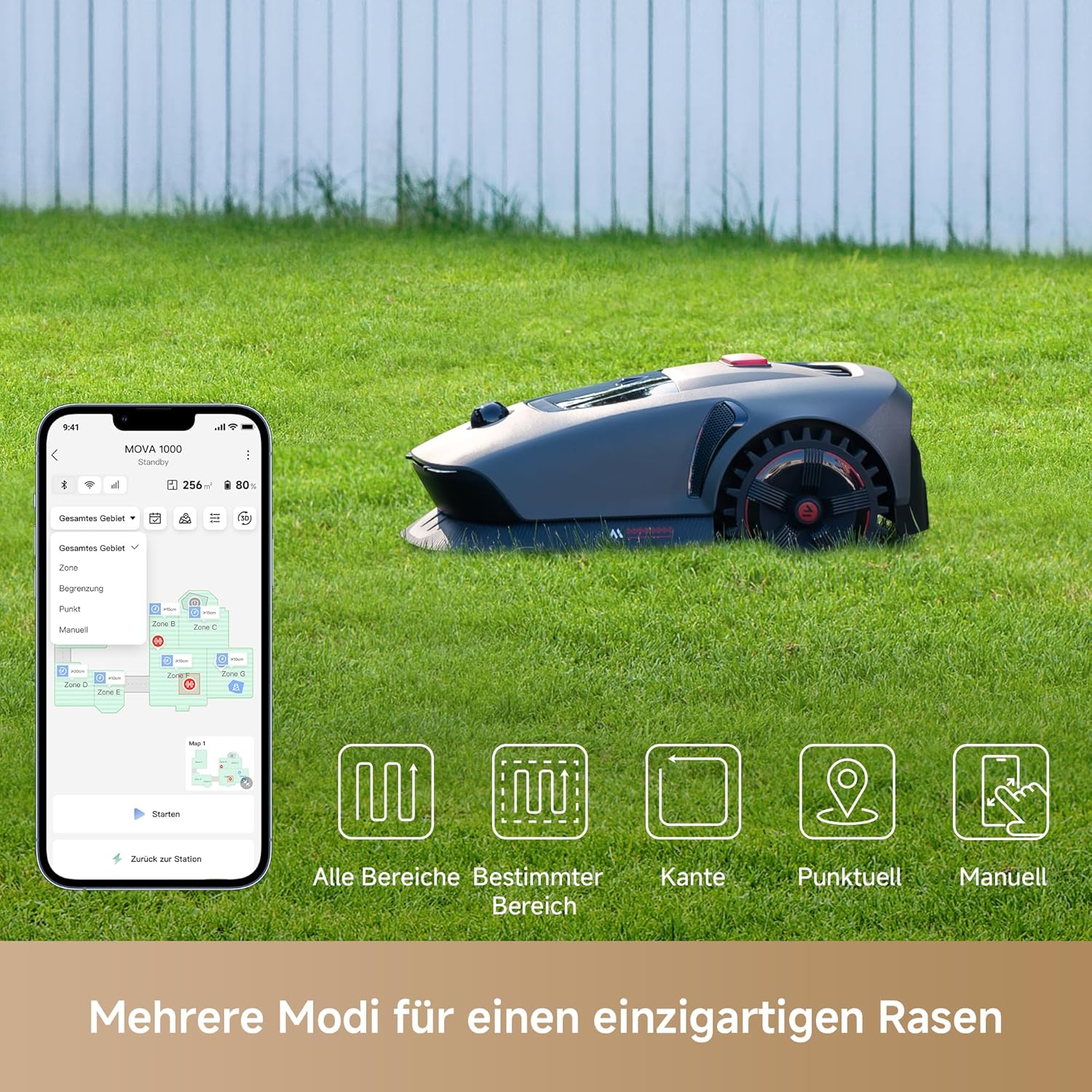 MOVA 1000 Garage Combo: Rasenmäher Roboter mit 3D-LiDAR, Mähroboter ohne Begrenzungskabel, Genaue Kartierung bis 1.000㎡, Smarte Hindernisvermeidung, App-Steuerung, Verbesserte Geländeräder, U-Schnitt