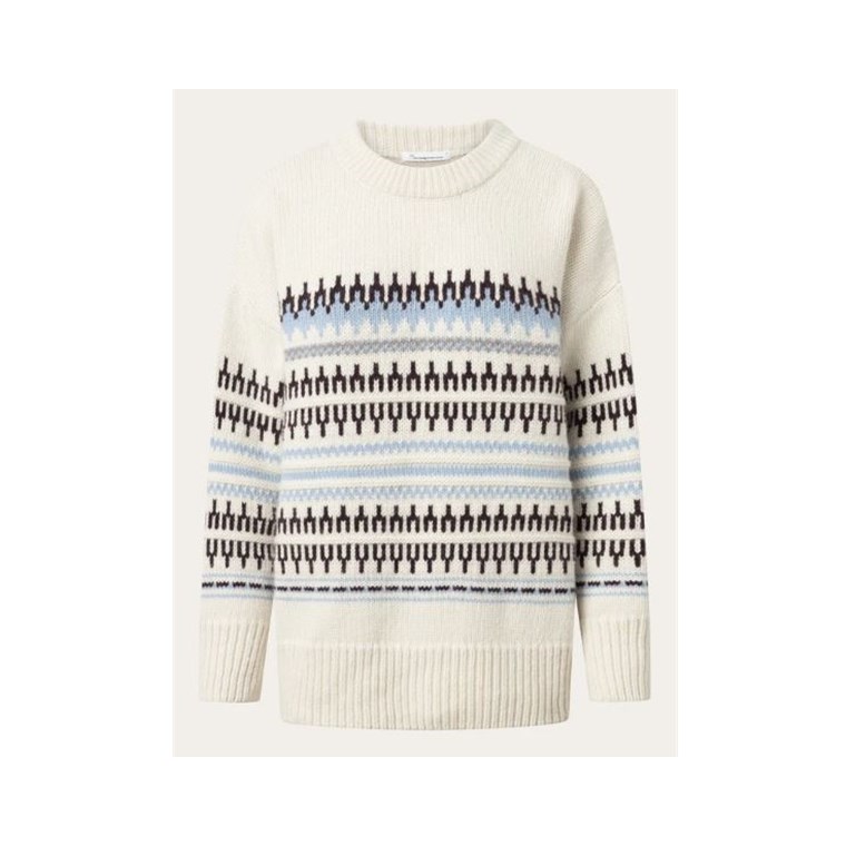 KnowledgeCotton Apparel Wool Pattern Boxy Crew Neck White Stripe