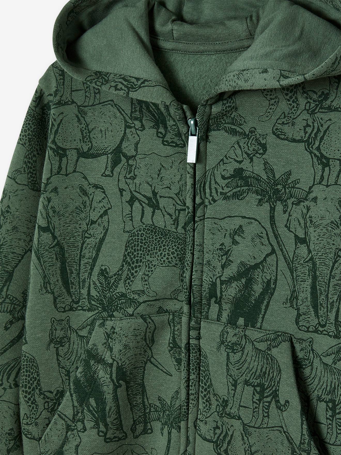 Moletom com capuz e zíper com estampa de selva para meninos, verde salgueiro